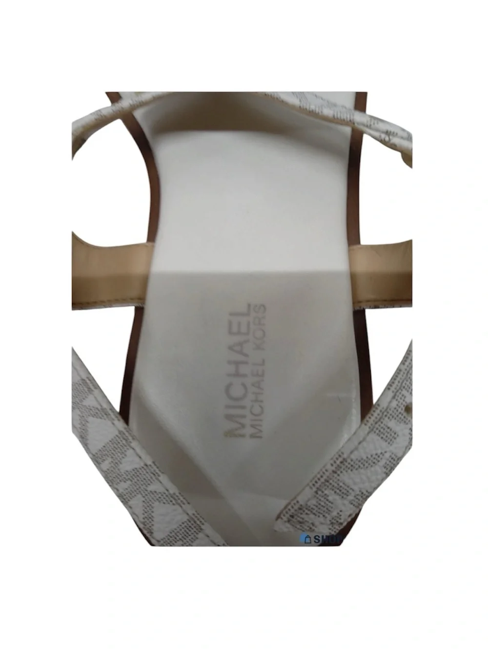 Michael Kors White Logo T-Strap Thong Sandals with Gold Accents